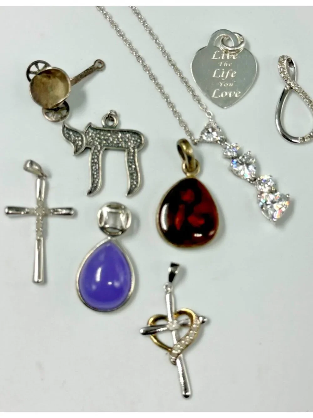 925 Sterling Silver Charm Pendant Lot Cross Heart Infinity Chai CZ 9 Pieces